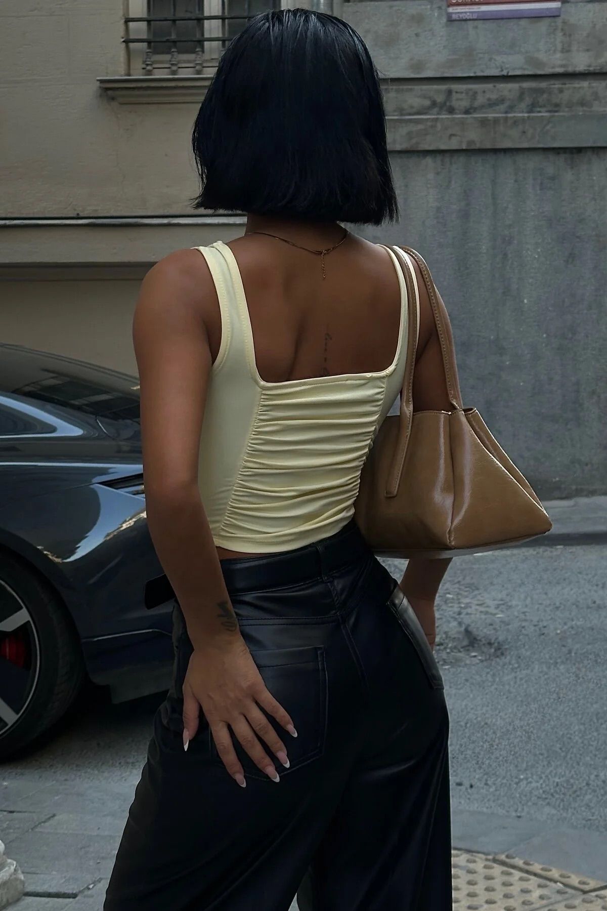 Square Neck Ruched Tank - Yellow