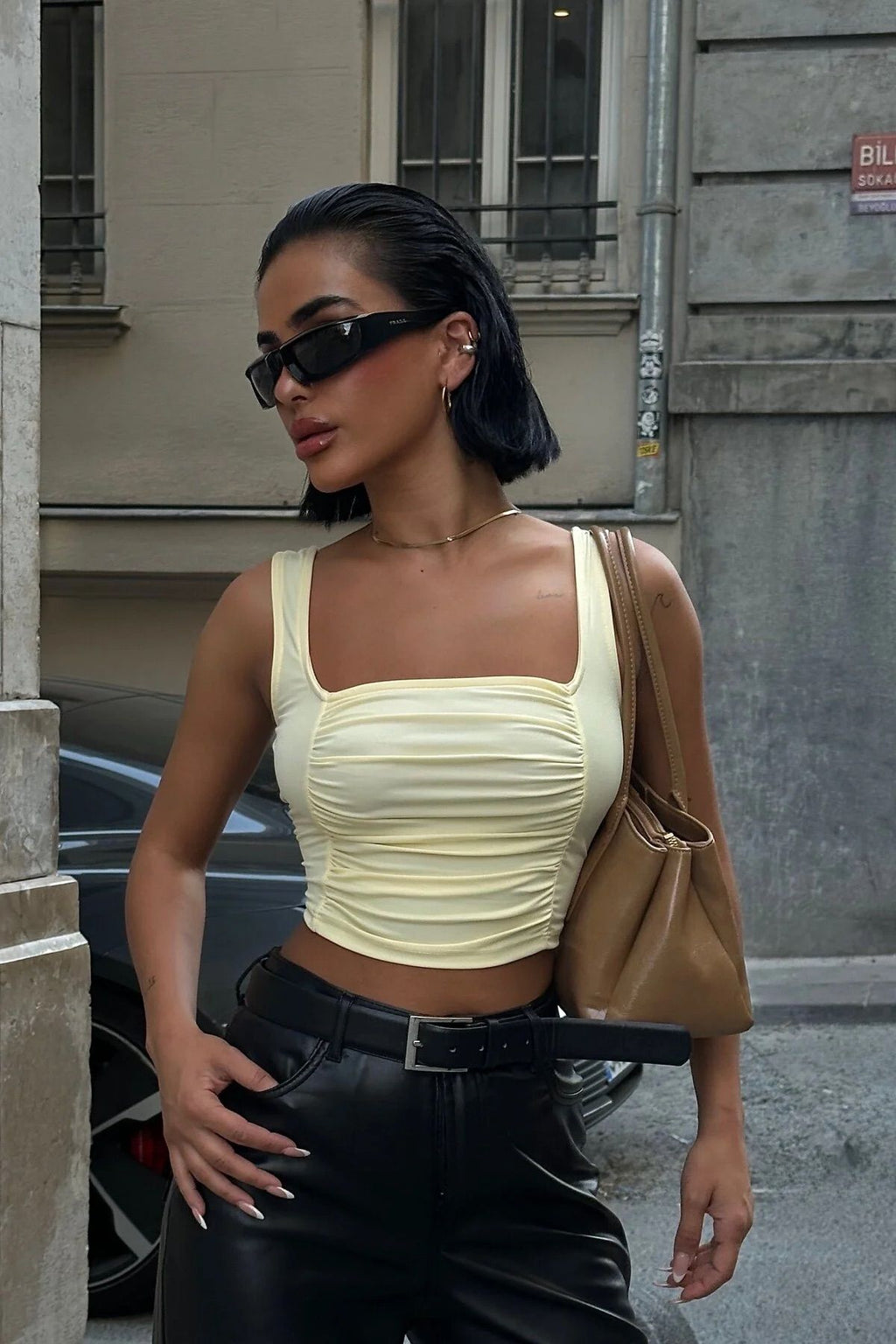 Square Neck Ruched Tank - Yellow