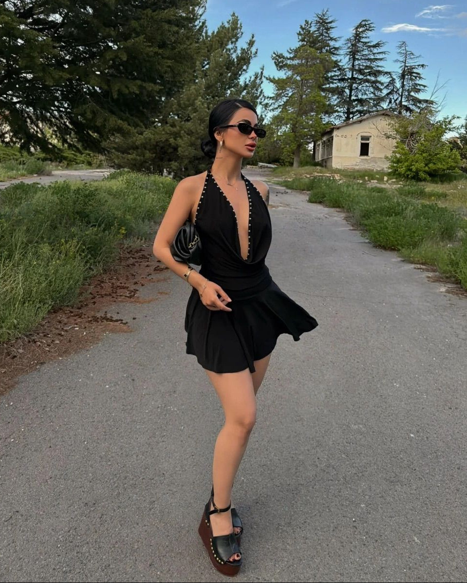 Black Studded Halter Mini Dress