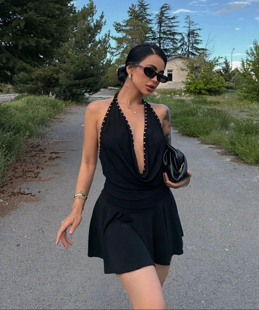 Black Studded Halter Mini Dress