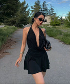 Black Studded Halter Mini Dress