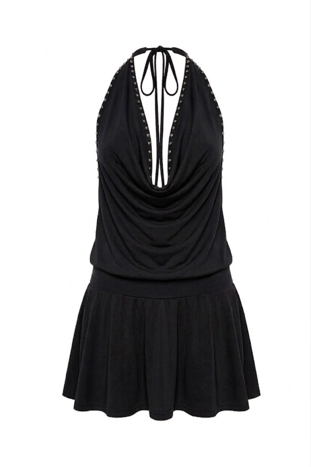 Black Studded Halter Mini Dress
