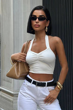 Ruched Halter Crop Top - White