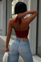 Ruched Halter Crop Top - Burgundy
