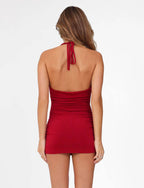 Red Halter Cowl Neck Mini Dress