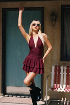 Burgundy Ruffled Halter Mini Dress