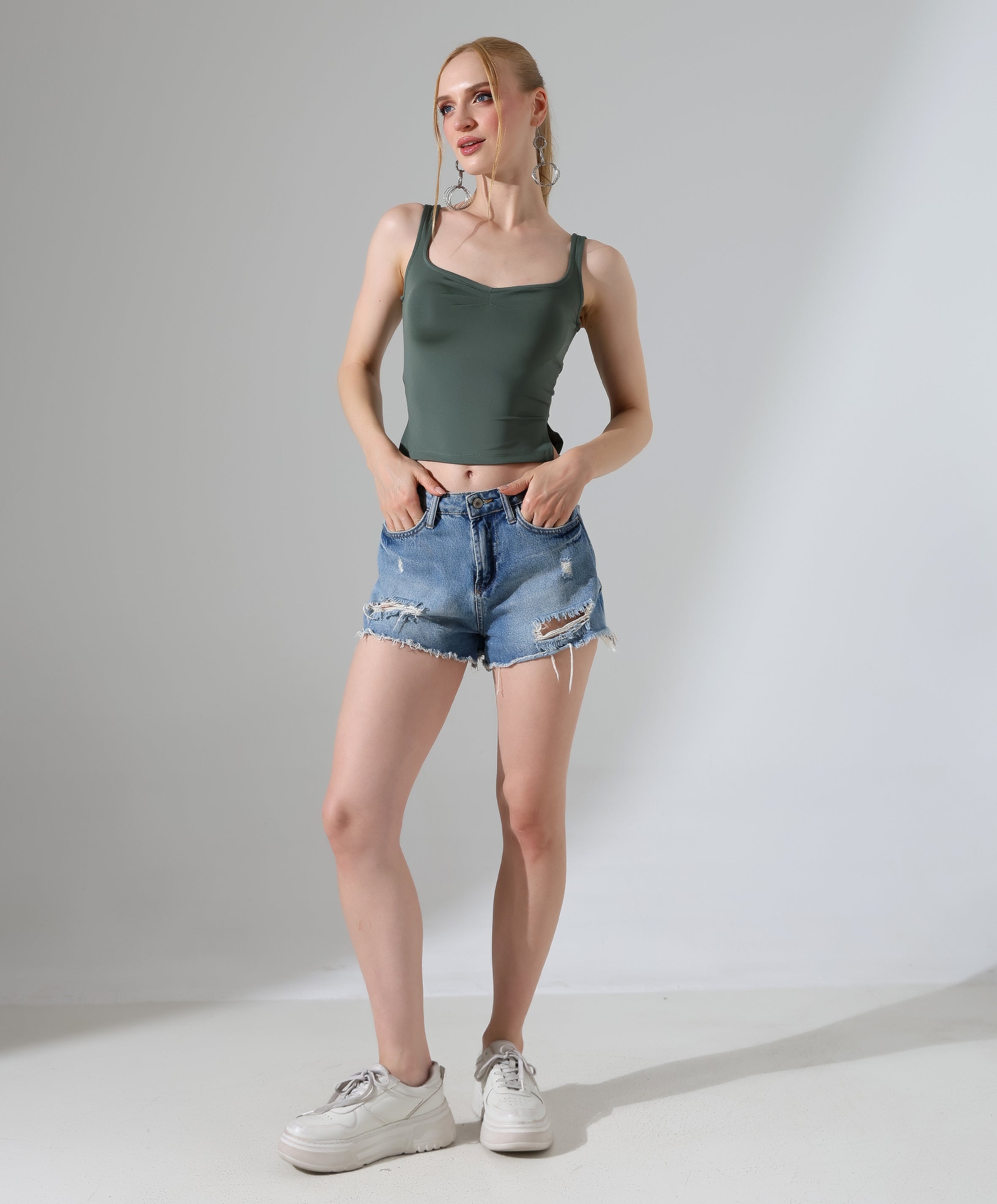Ruched Side-Slit Tank - Olive