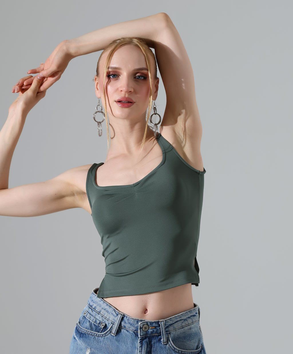 Ruched Side-Slit Tank - Olive