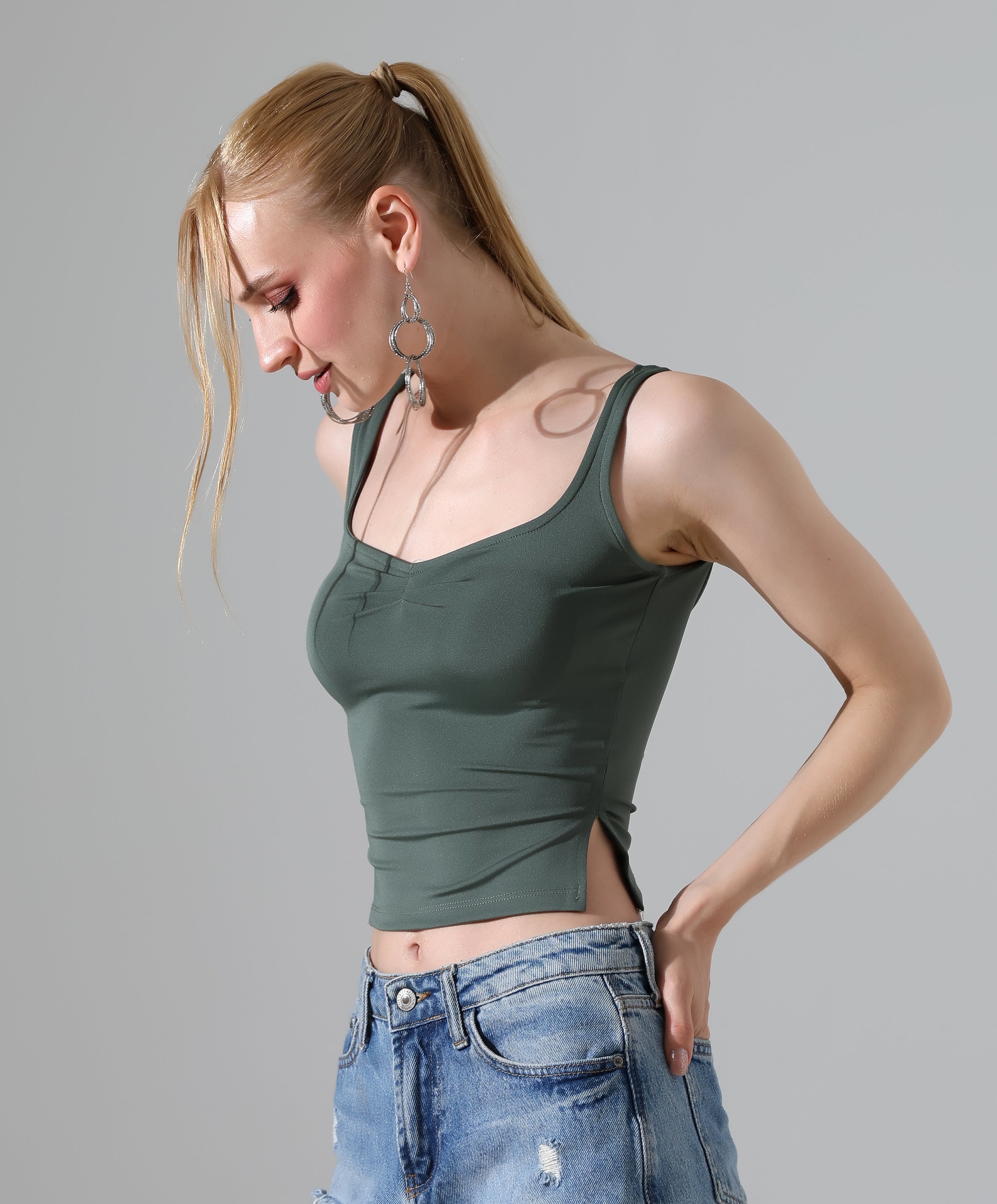 Ruched Side-Slit Tank - Olive