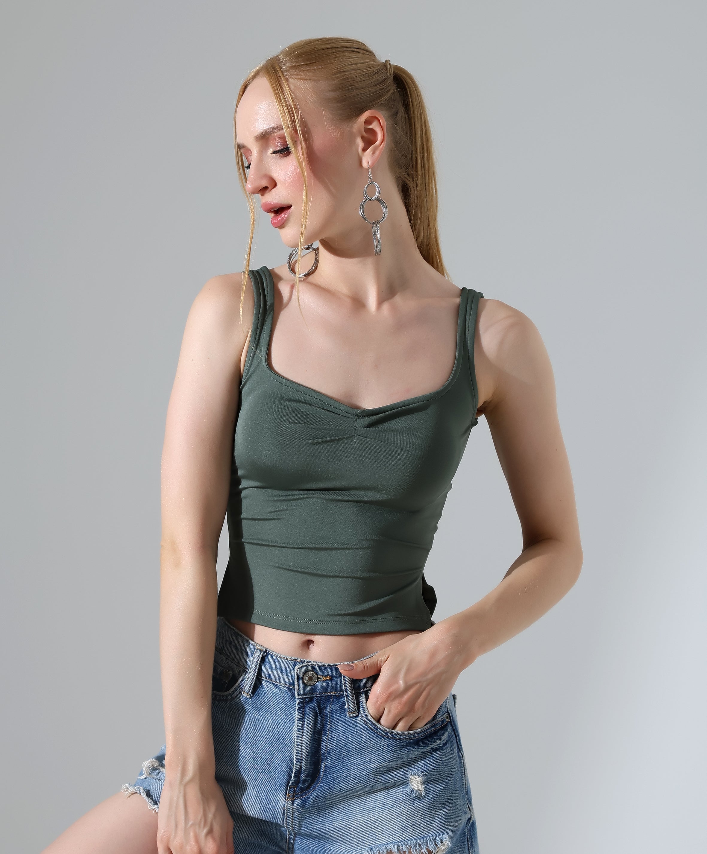 Ruched Side-Slit Tank - Olive