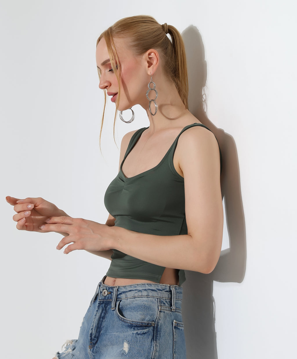 Ruched Side-Slit Tank - Olive