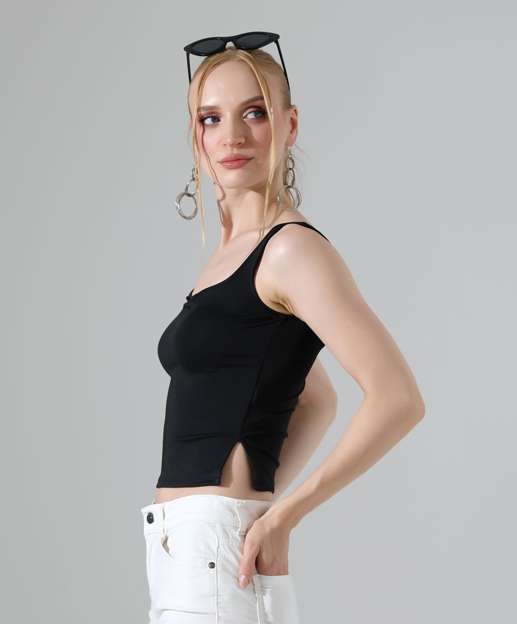 Ruched Side-Slit Tank - Black