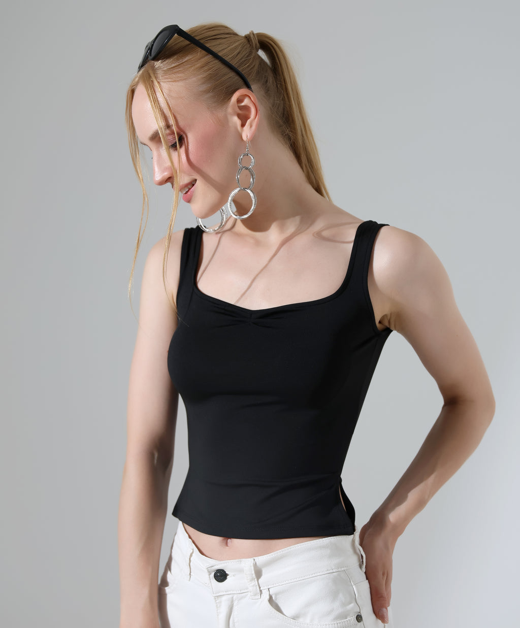 Ruched Side-Slit Tank - Black