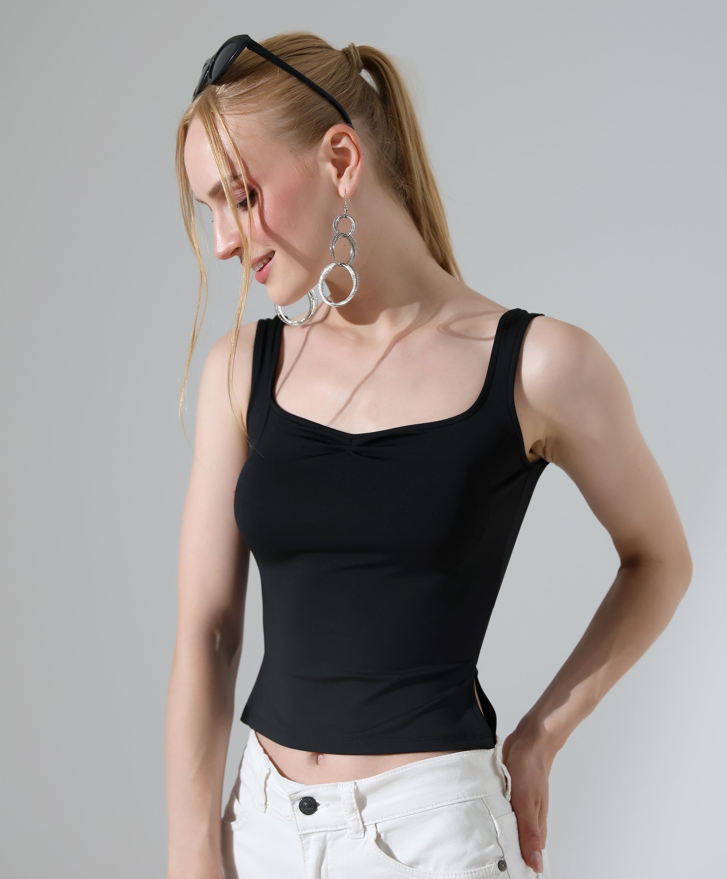 Ruched Side-Slit Tank - Black