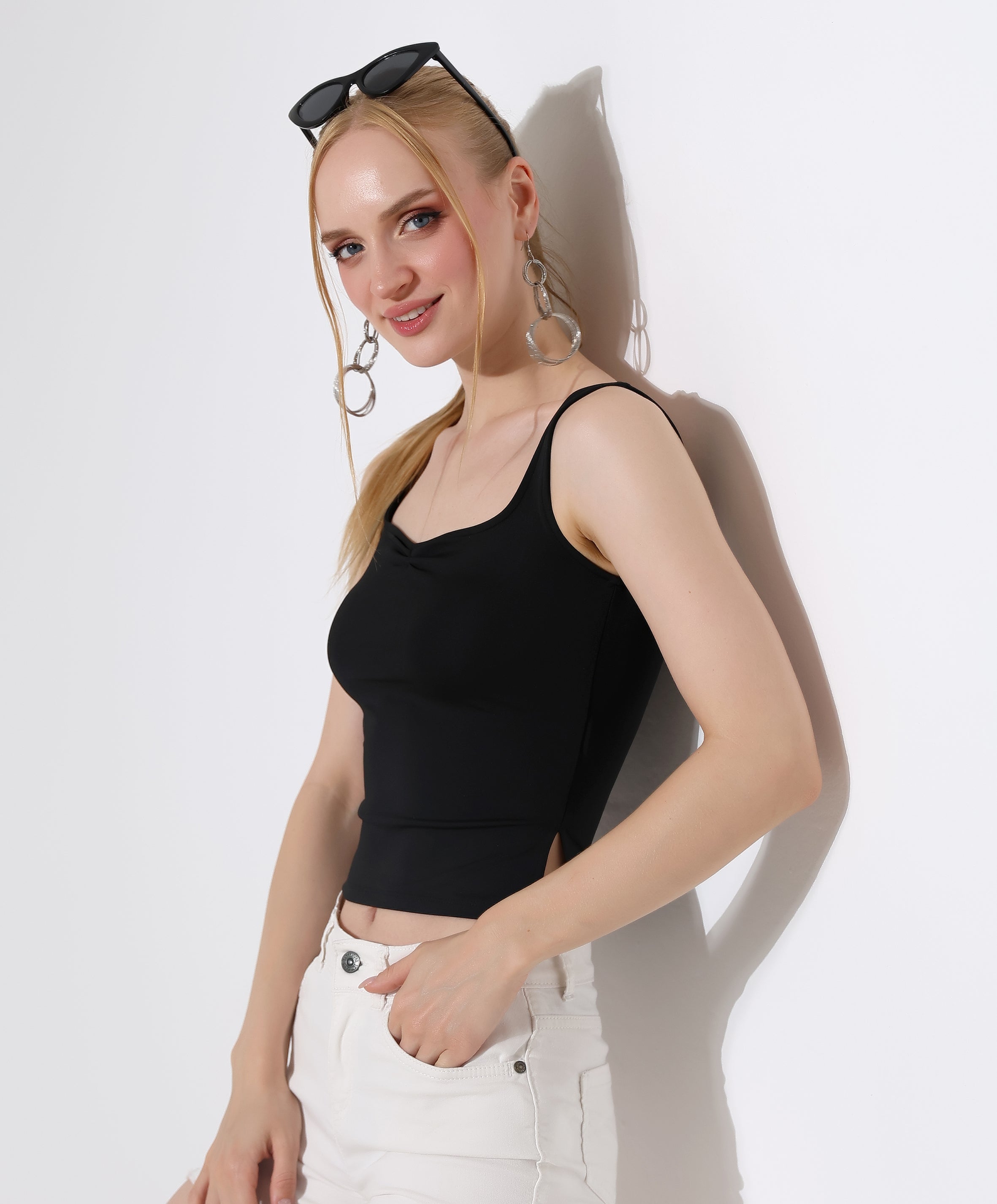 Ruched Side-Slit Tank - Black