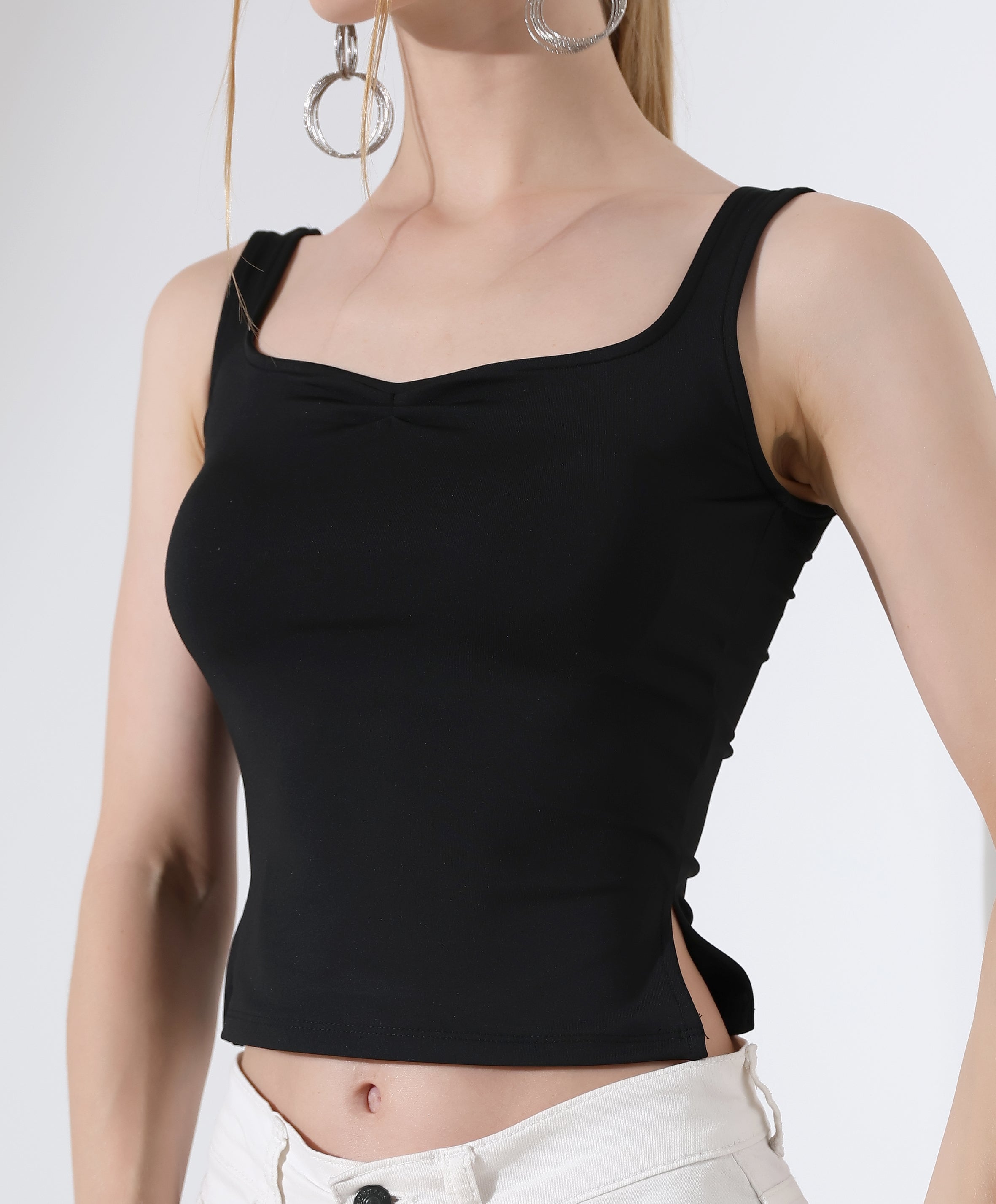 Ruched Side-Slit Tank - Black