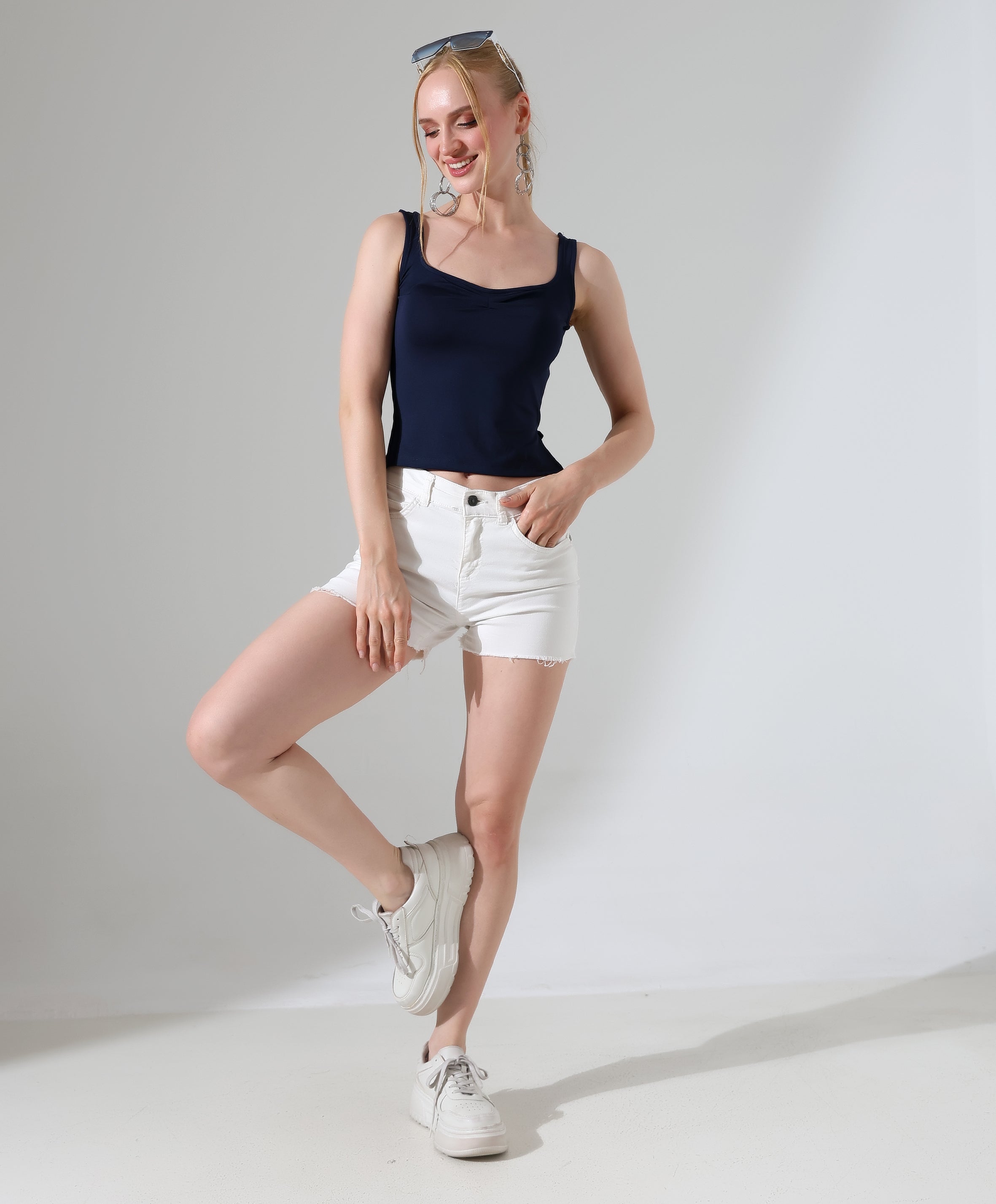 Ruched Side-Slit Tank - Dark Blue