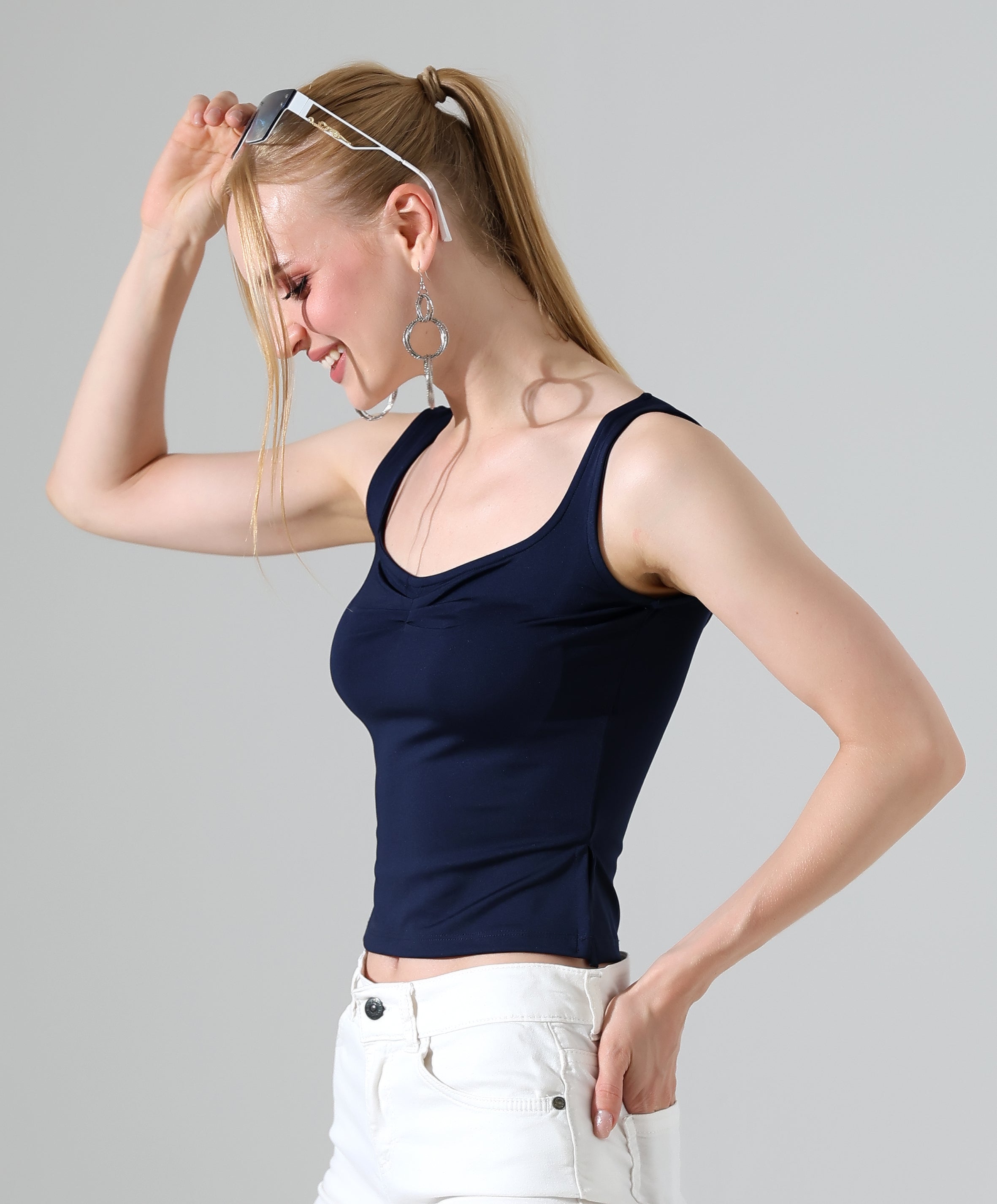 Ruched Side-Slit Tank - Dark Blue