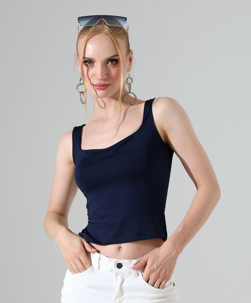 Ruched Side-Slit Tank - Dark Blue