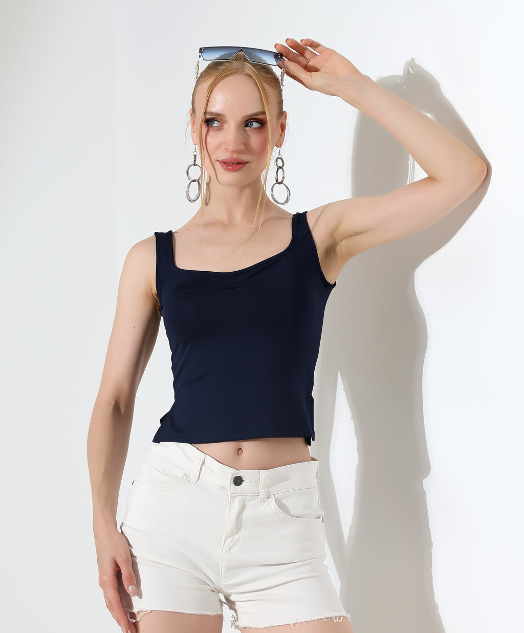 Ruched Side-Slit Tank - Dark Blue