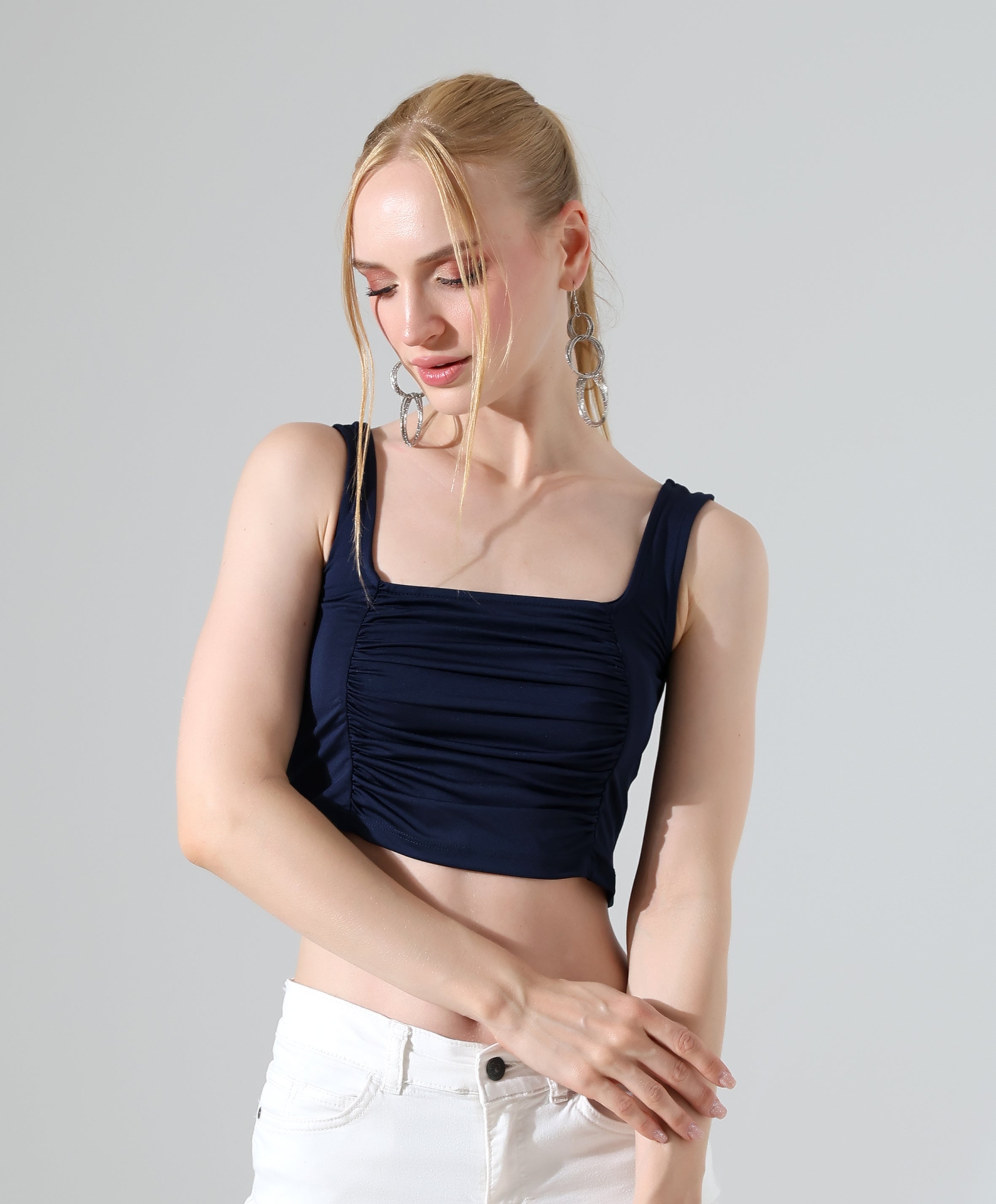 Square Neck Ruched Tank - Dark Blue