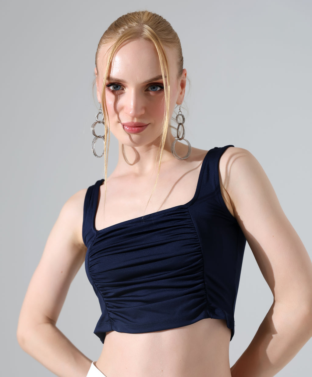 Square Neck Ruched Tank - Dark Blue