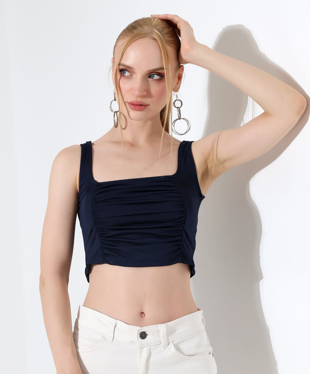 Square Neck Ruched Tank - Dark Blue