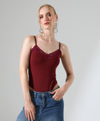 Lace-Trim Bodysuit - Burgundy