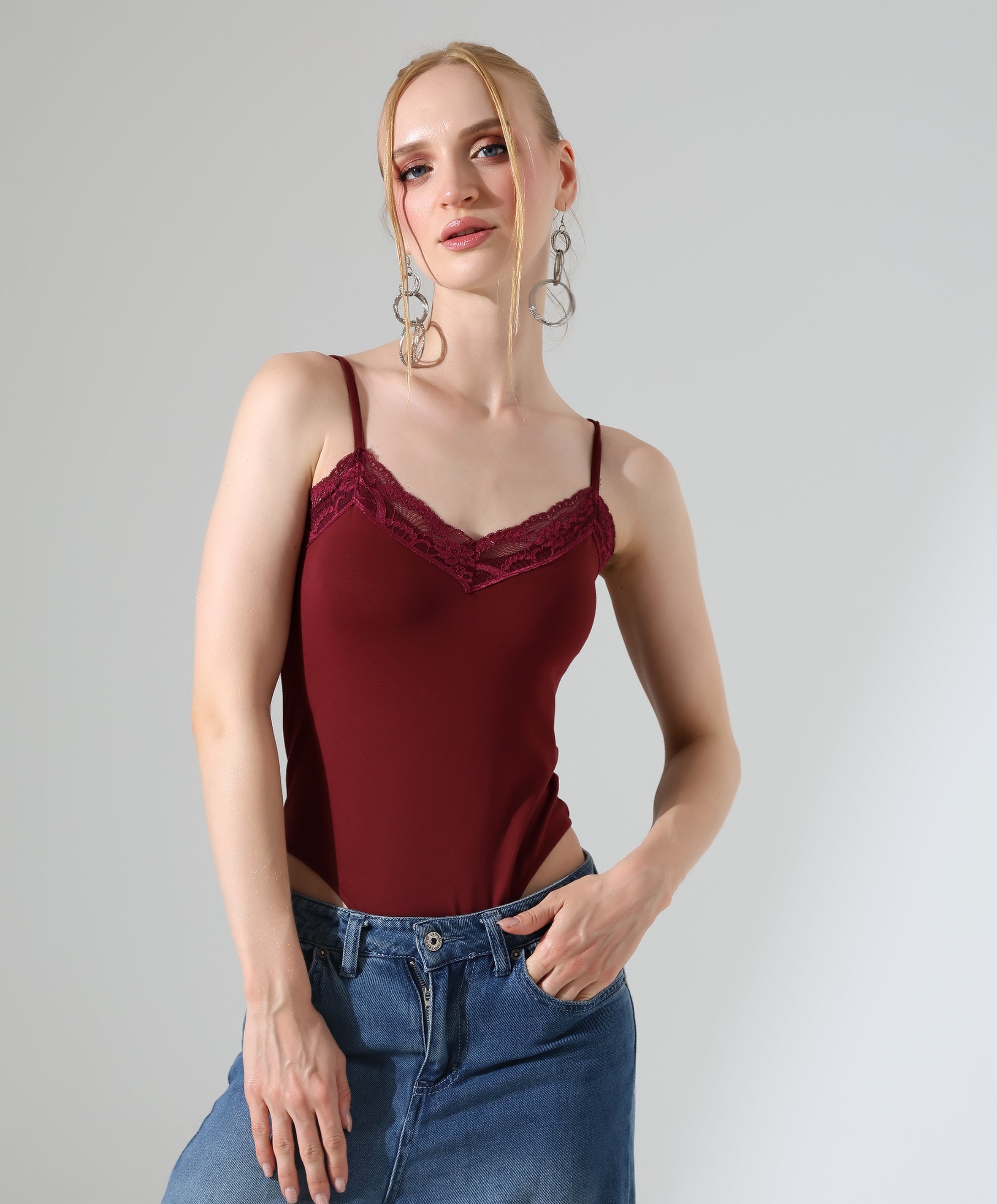 Lace-Trim Bodysuit - Burgundy