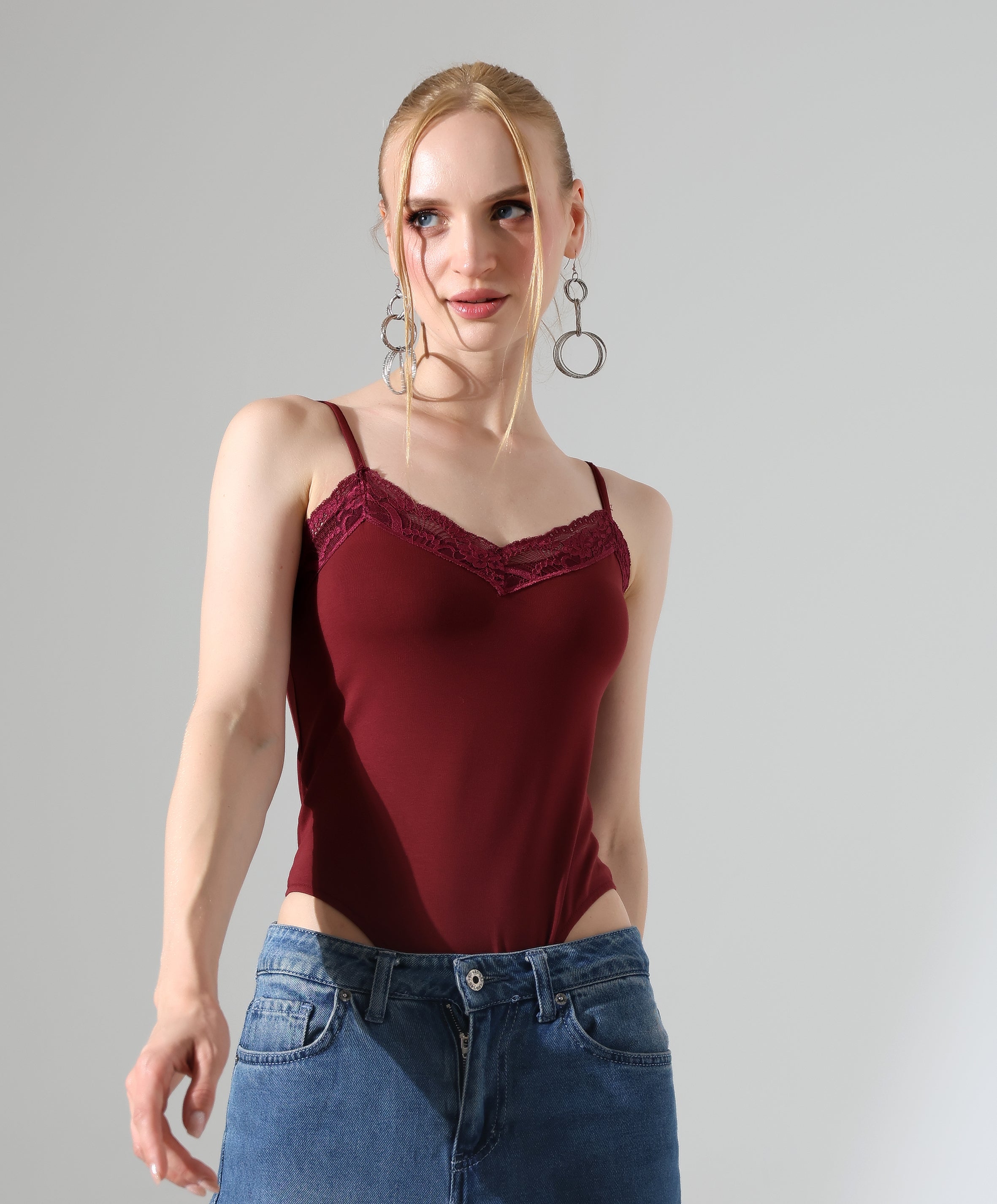 Lace-Trim Bodysuit - Burgundy