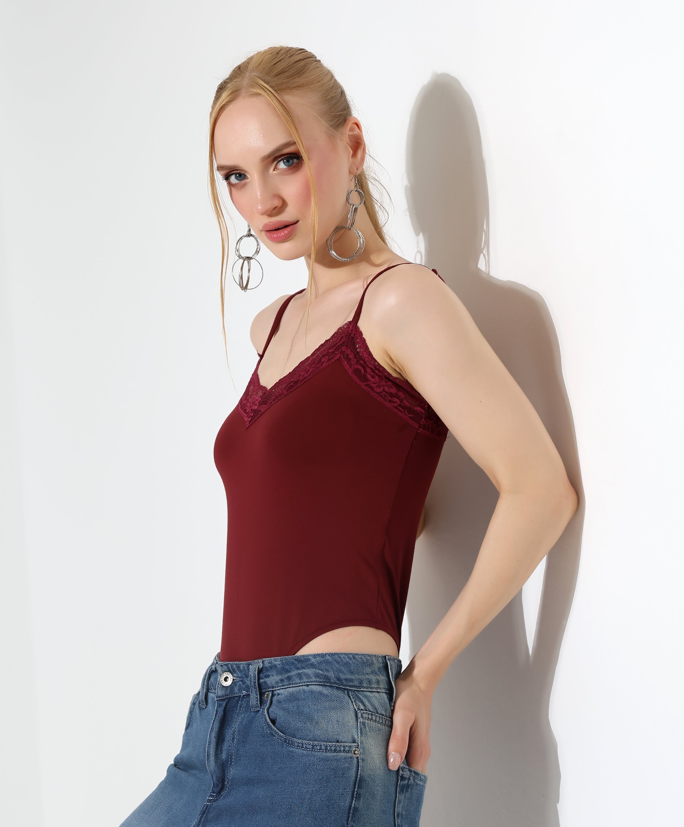 Lace-Trim Bodysuit - Burgundy