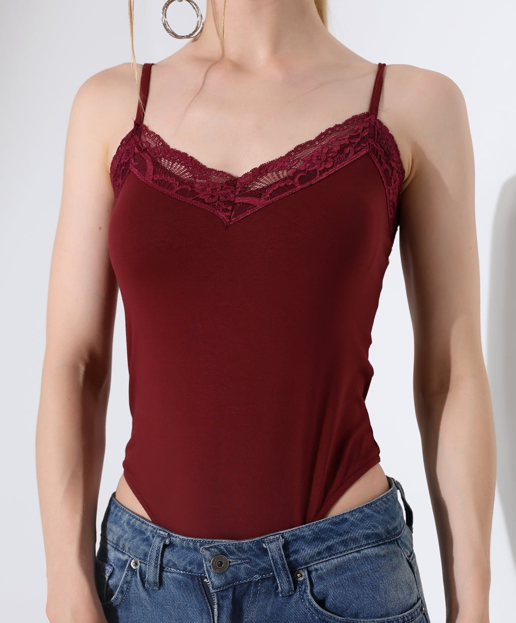 Lace-Trim Bodysuit - Burgundy