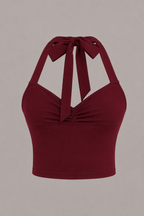 Ruched Halter Crop Top - Burgundy